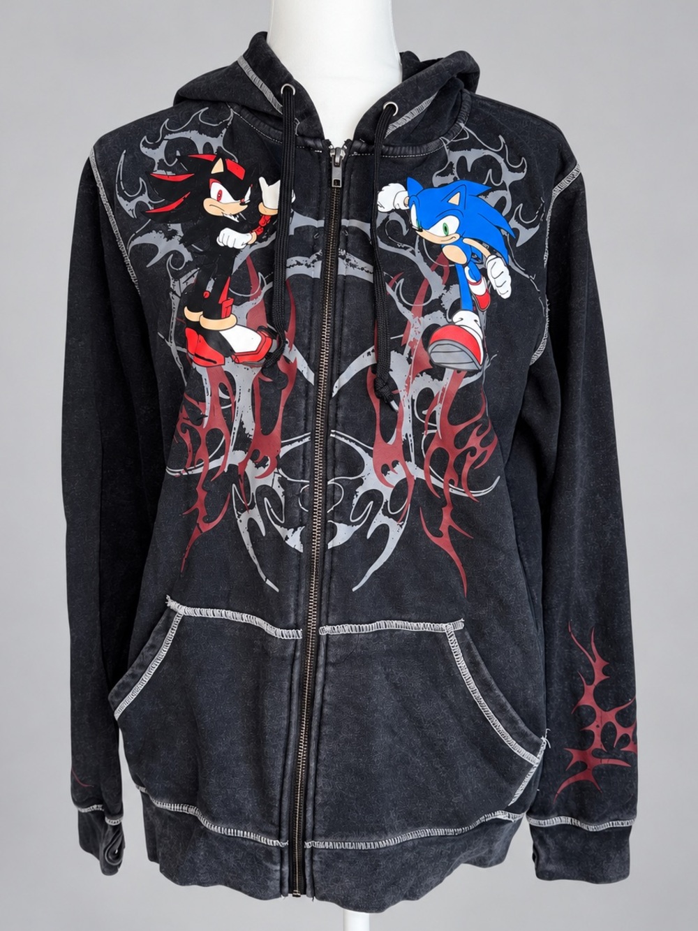 Hot Topic Sonic & Shadow Charcoal Zip Hoodie Small Y2K Grunge